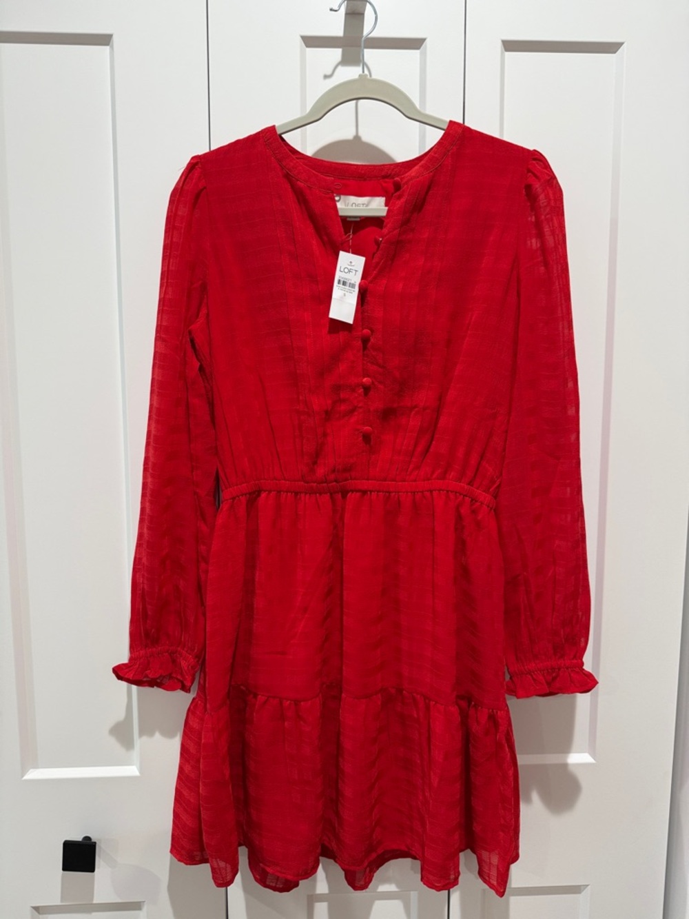 LOFT Red Tiered Long-Sleeve V-Neck Dress
